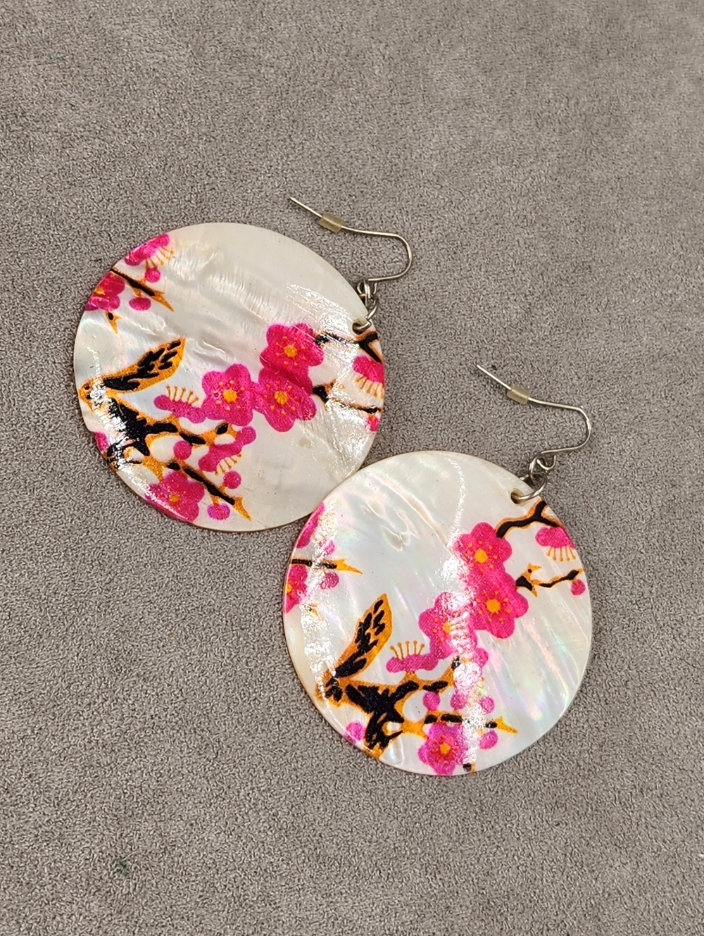 Vintage 90s earrings mother of pearl cherry blossom handpainted Statement
